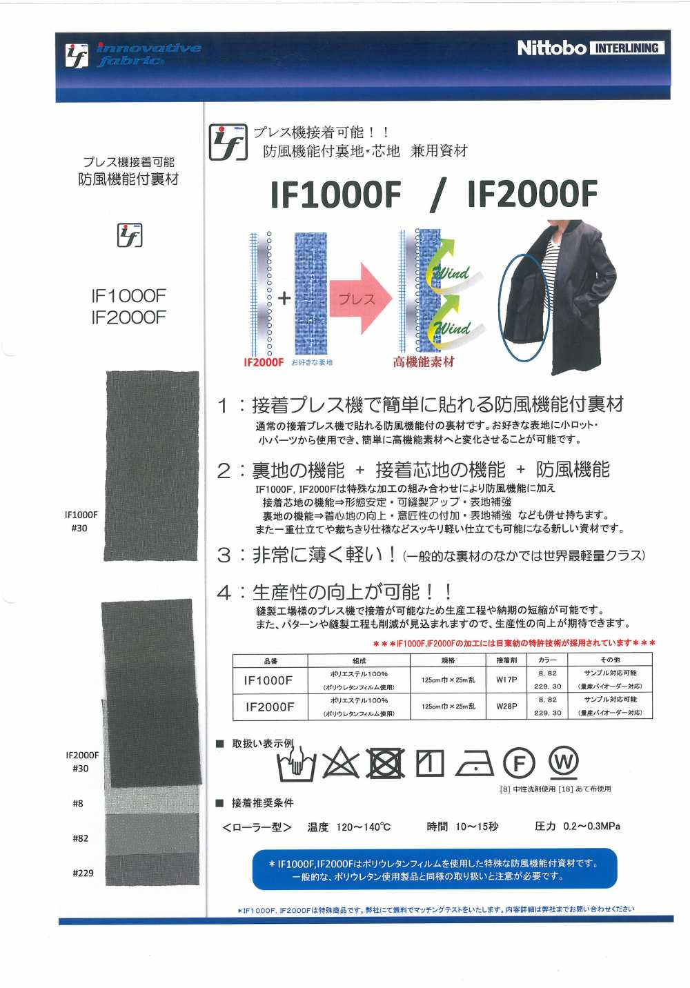 IF1000F 방풍 기능 첨부 안감·심지 겸용 자재 닛토보 (닛토보인터라이닝)