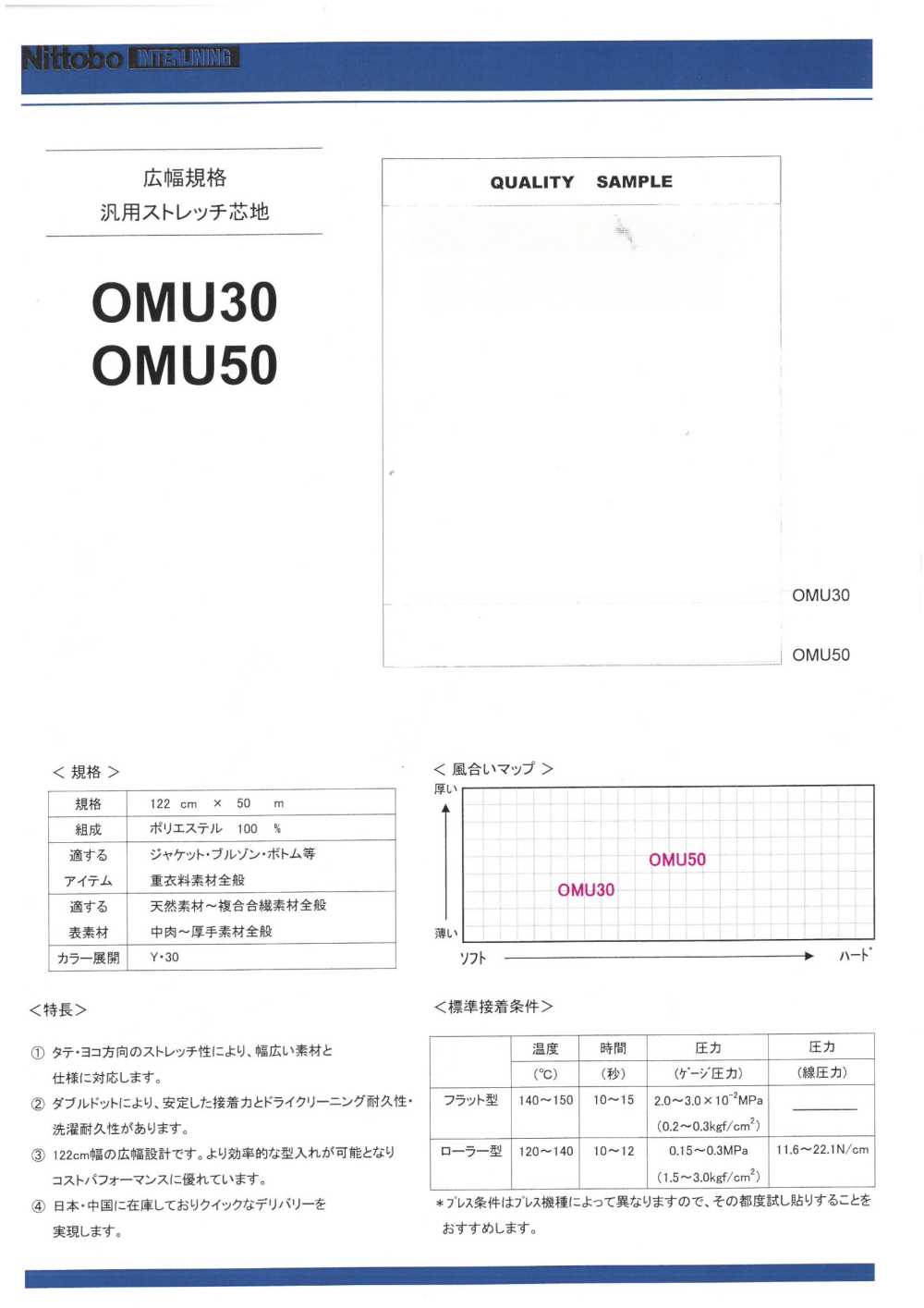 OMU30 와이드 폭 표준 일반용 스트레치 인터라이닝[심지] 닛토보 (닛토보인터라이닝)