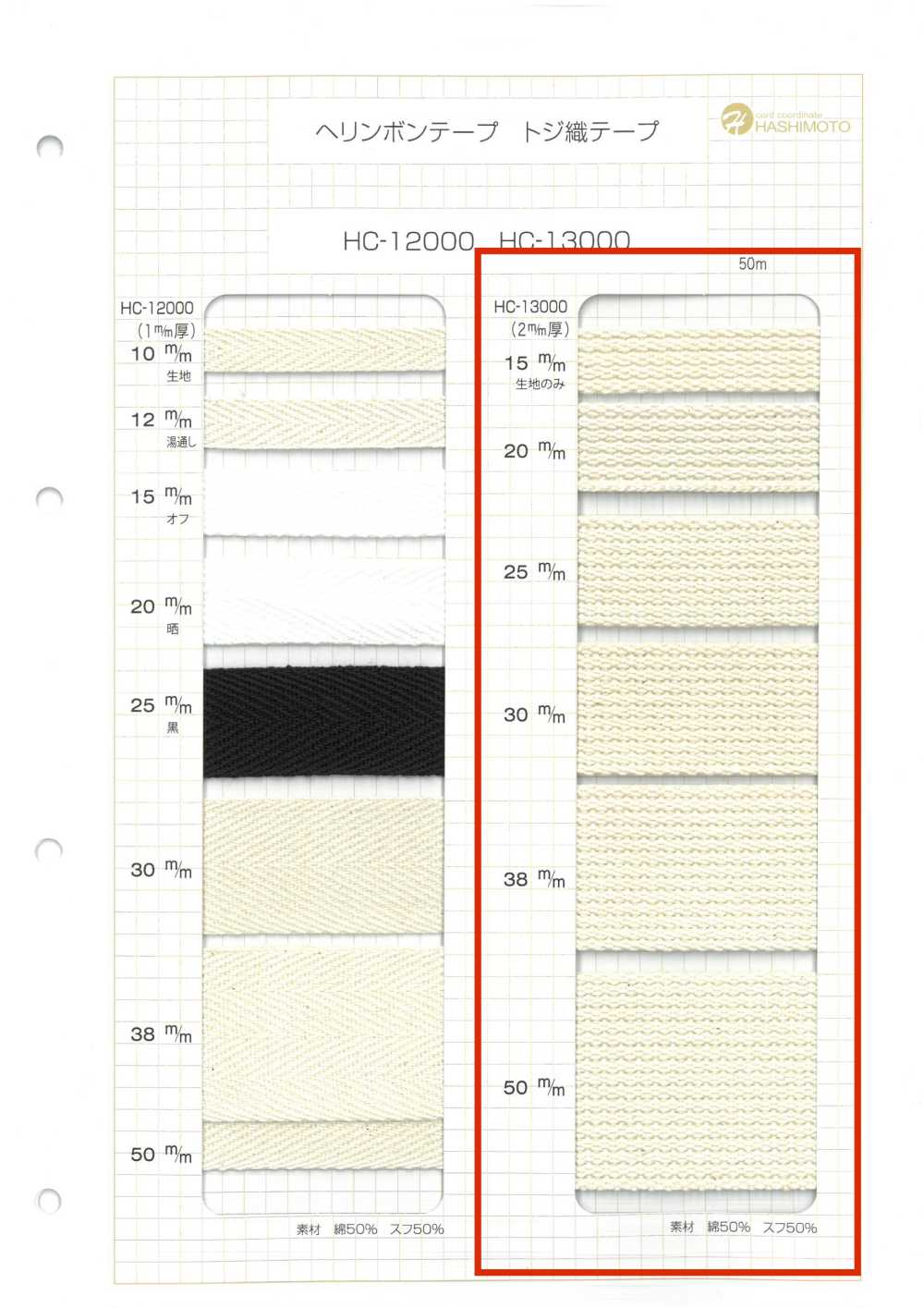 HC-13000 2mm 두께 코튼 짠 테이프[리본 / 테이프 / 코드] 이름 없음