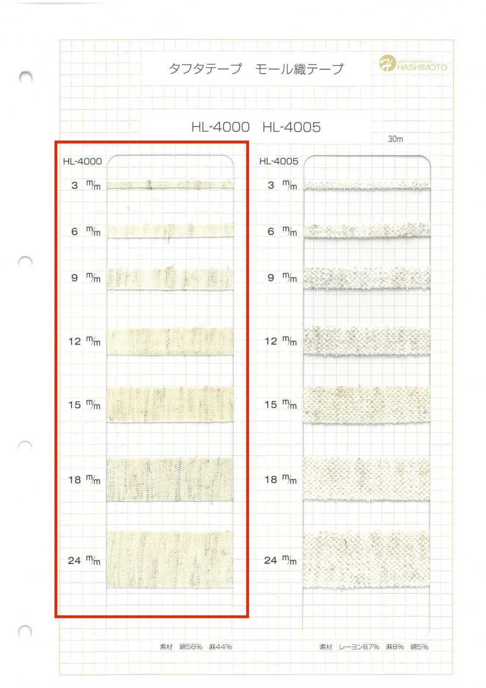 HL-4000 리넨 블렌드 얇은 태피터 테이프[리본 / 테이프 / 코드]