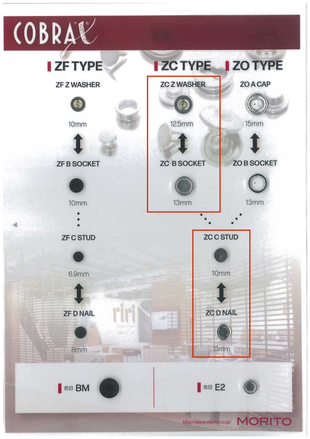 ZC-Z/B/C/D COBRAX® ZC 4SET(장식용 베이스/소켓/ stud/포스트)[도트 단추 / 아일렛] 모리토(MORITO)