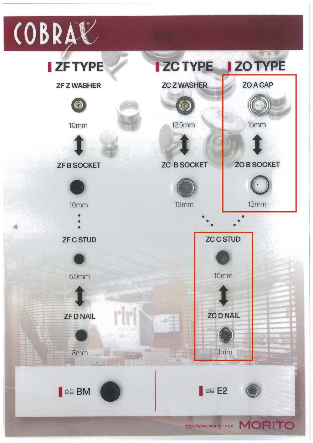 ZO-A/B/C/D COBRAX® ZO 4SET(캡/소켓/스터드/포스트)[도트 단추 / 아일렛] 모리토(MORITO)