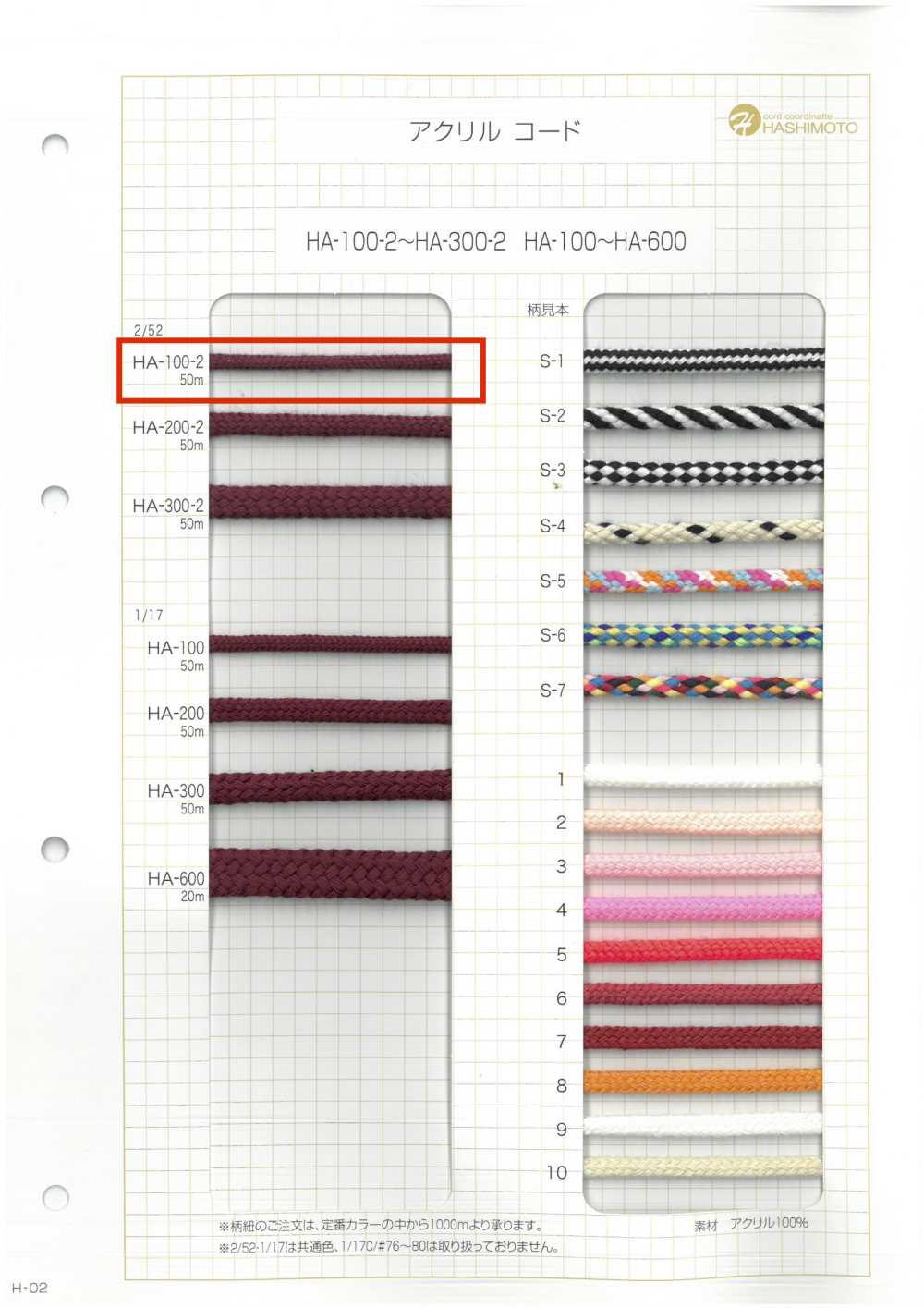 HA-100-2 2/52 100 스핀들 코드[리본 / 테이프 / 코드] 이름 없음