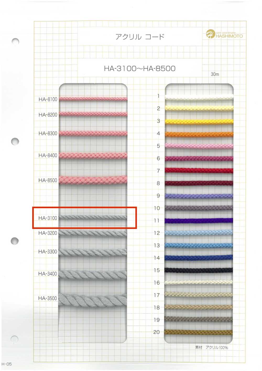 HA-3100 아크릴 꼬인 코드[리본 / 테이프 / 코드] 이름 없음