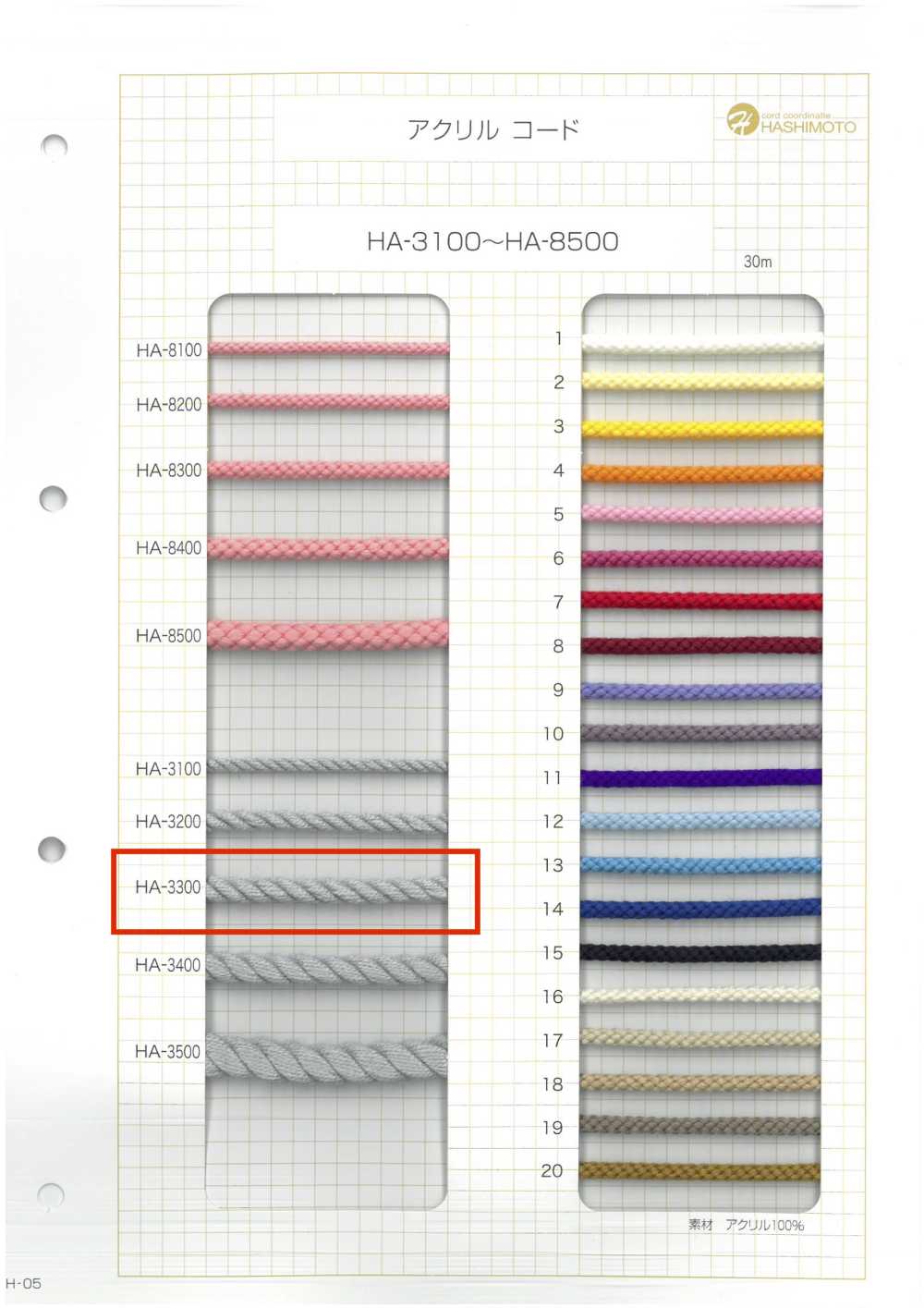 HA-3300 아크릴 꼬인 코드[리본 / 테이프 / 코드] 이름 없음