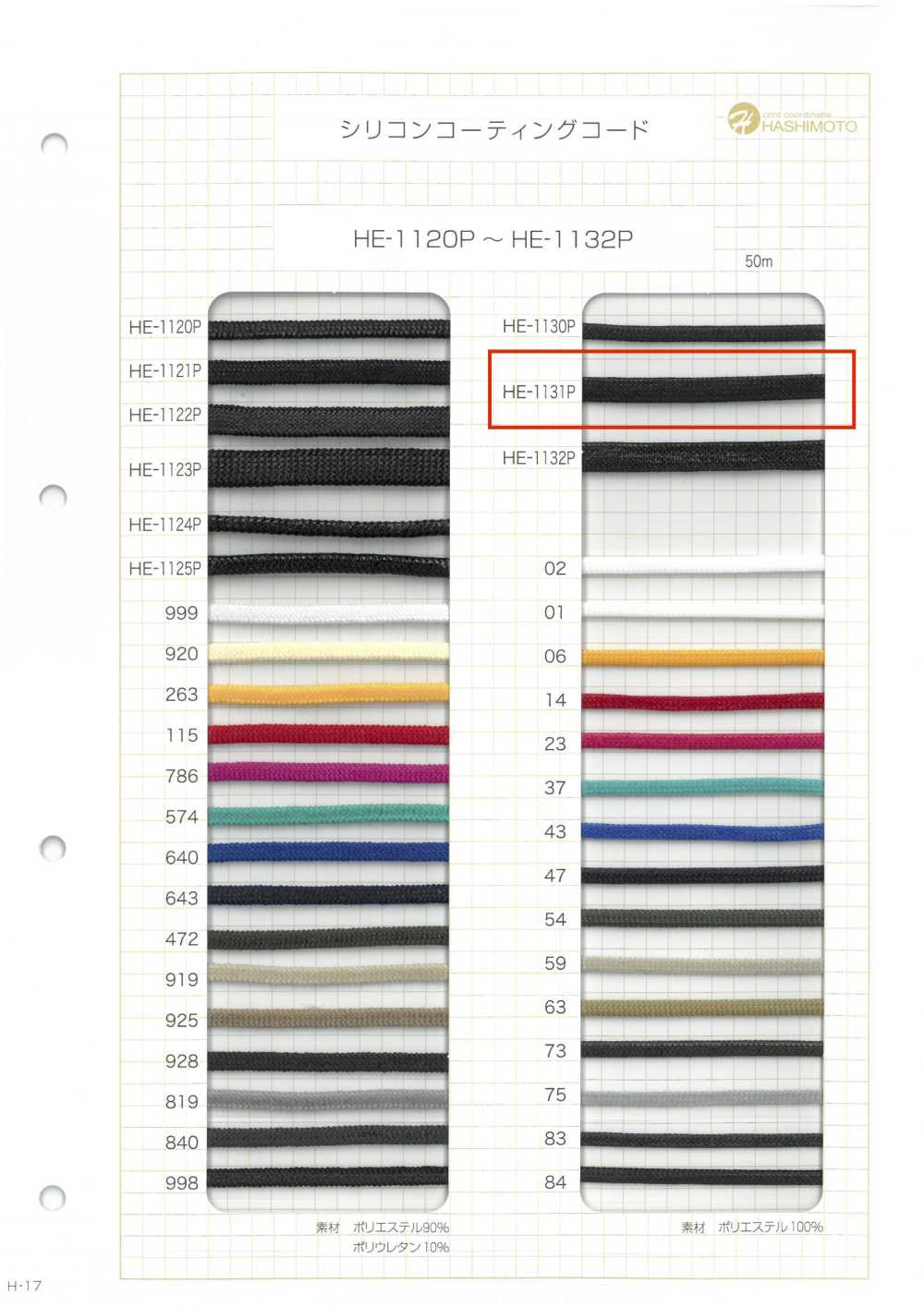 HE-1131P 실리콘 코팅 코드 S[리본 / 테이프 / 코드] 이름 없음